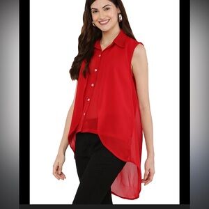 Cleo Shirt - red sheer high low cut sleeveless button front